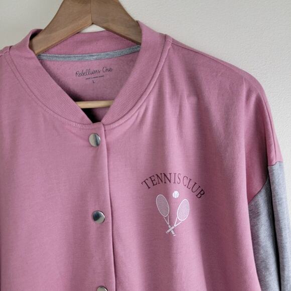 Rebelious One Tennis Club New York Varsity Jacket size L Pink Tenniscore *FLAW* - Picture 3 of 10